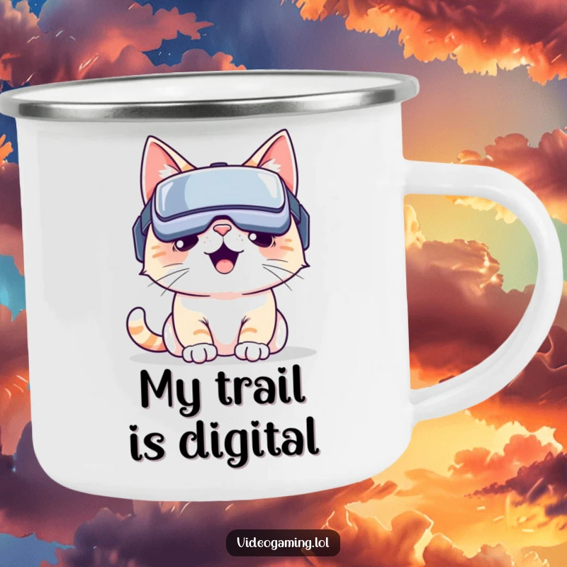 Funny VR cat camping mug: A smiling cat wearing a VR headset, enjoying a virtual outdoor scene. Outstanding funny gift.