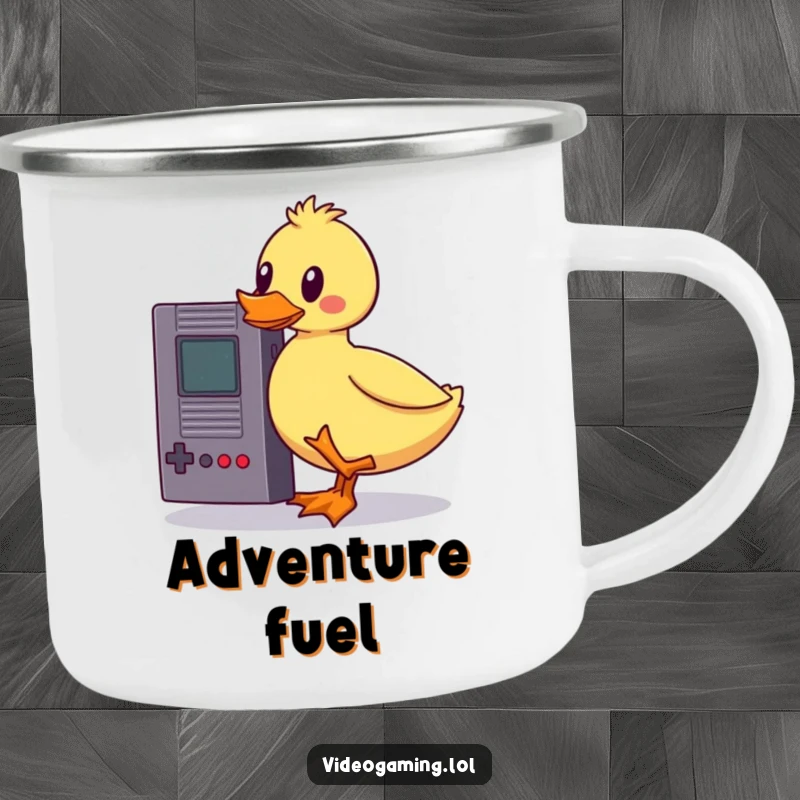 Funny wobbly duck camping mug, balancing a vintage game cartridge in the wilderness, perfect for outdoor enthusiasts who appreciate humor.
