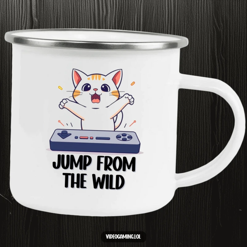 Funny Cat Gaming Camping Mug: A surprised cat leaps backward from a fast game, ready for hot drinks on any adventure.