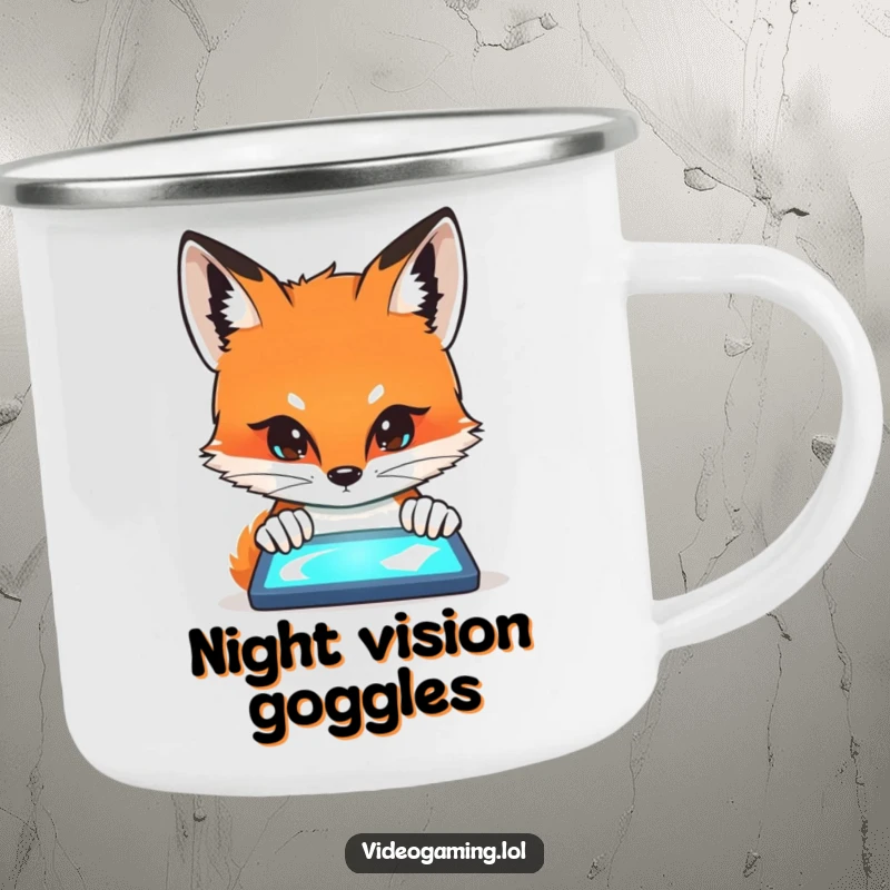 Funny Fox Screen Stare Camping Mug with a curious fox intently watching a glowing screen, perfect for the observant camper.