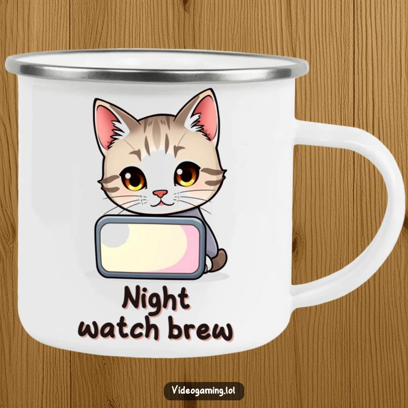 Funny cat staring intently at a glowing screen, depicted on a sturdy camping mug for hilarious sips.