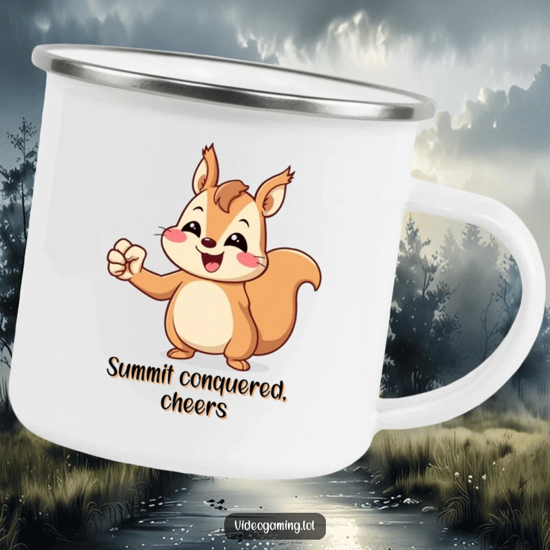 Funny Squirrel Camping Mug: A cheerful squirrel pumps its fist in victory, ready for outdoor celebrations.