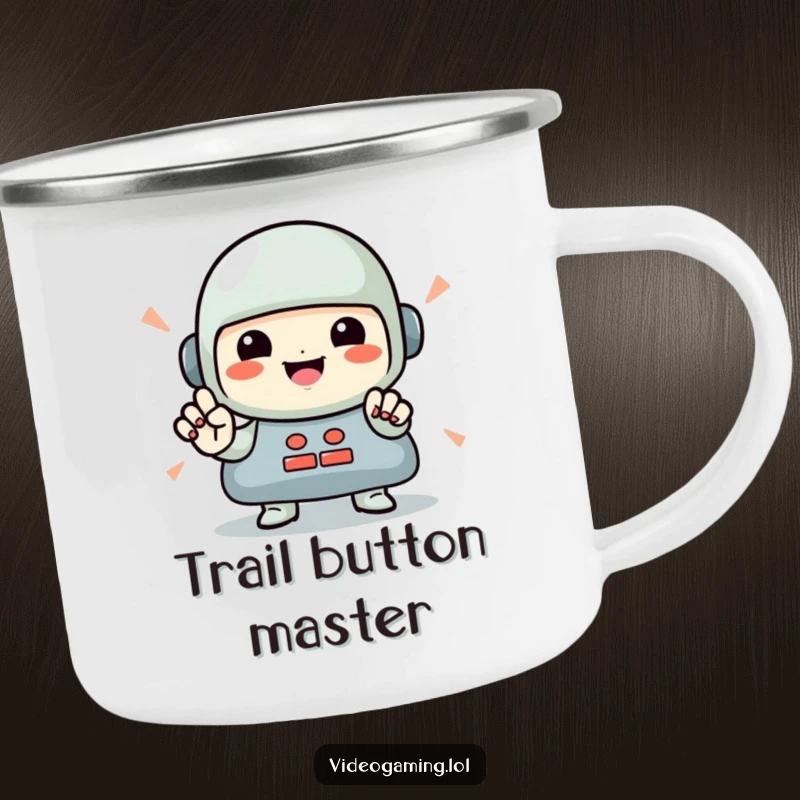 Funny Gamer Camping Mug: A smiling character performing rapid button presses, ready for any adventure or gaming session.