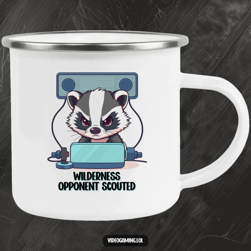 Funny Badger Gamer Camping Mug: A determined badger intensely eyes its virtual opponent, ready for any challenge.