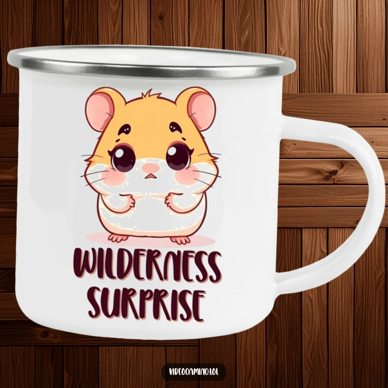 Funny camping mug illustration of a hamster with incredibly wide eyes, staring with surprise at the wilderness.