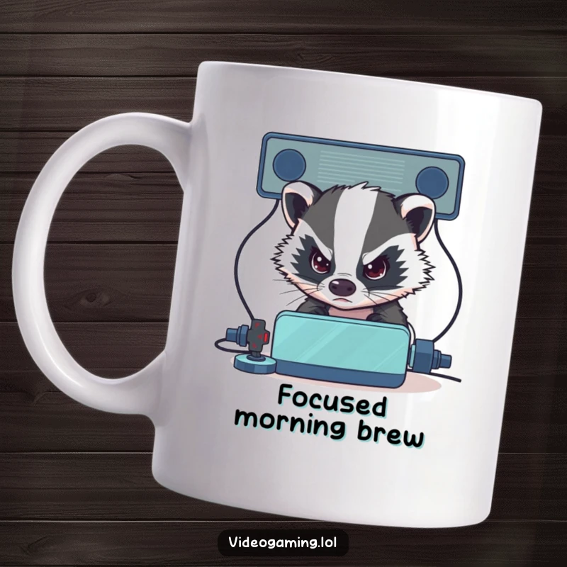 Funny Badger Gamer Mug: A determined badger intensely stares at a virtual opponent, embodying fierce gaming focus.