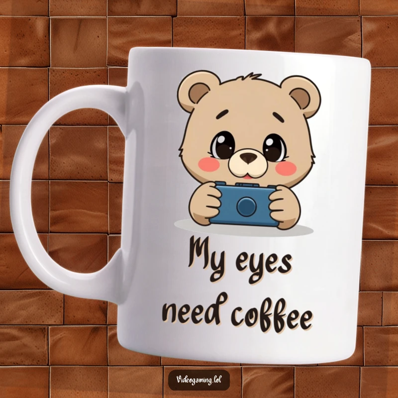 Funny bear mug showing a curious bear with huge, amazed eyes glued to a video game screen, a gamer's delight.