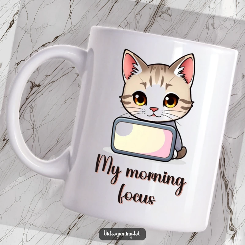 Funny cat with wide, captivated eyes, intensely staring at a glowing screen, a hilarious gamer gift mug.