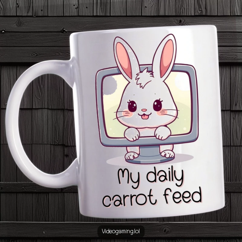 Funny ceramic mug featuring a cheerful rabbit intensely staring at a bright glowing computer monitor, symbolizing gamer focus.