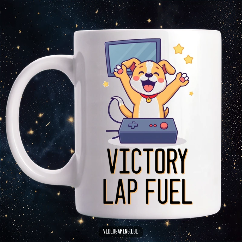 Funny dog gamer mug celebrating a video game win with an excited jump, perfect for gift-giving.