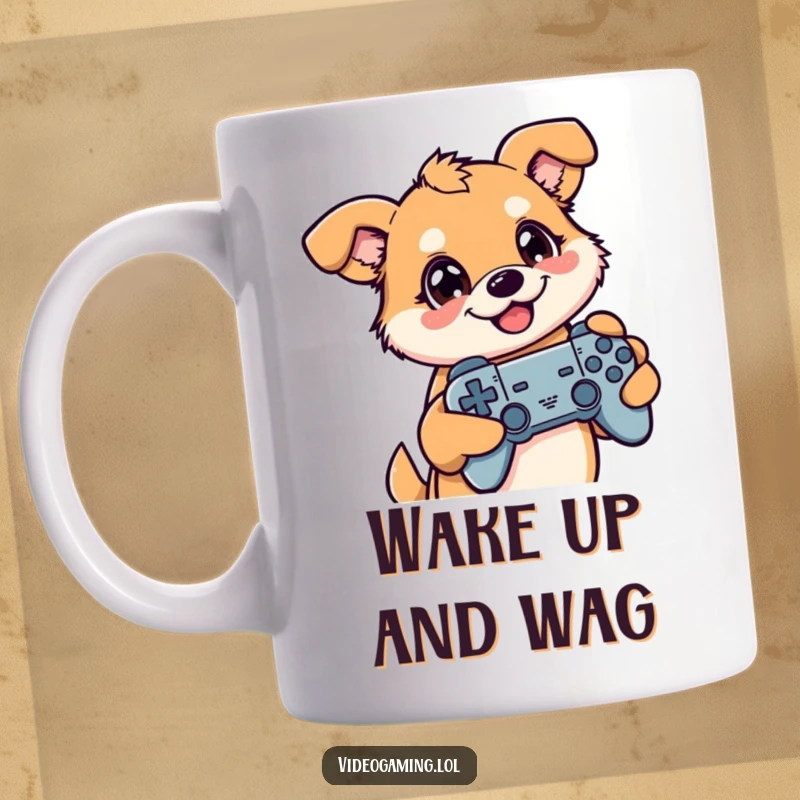 Funny mug featuring a happy dog holding a game controller, eyes intensely focused on a screen, loving virtual worlds.