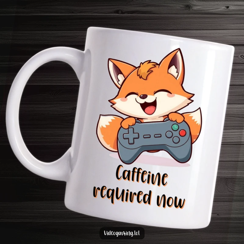 Funny mug featuring a smiling fox frantically mashing game controller buttons, depicting intense gaming focus and enjoyment.