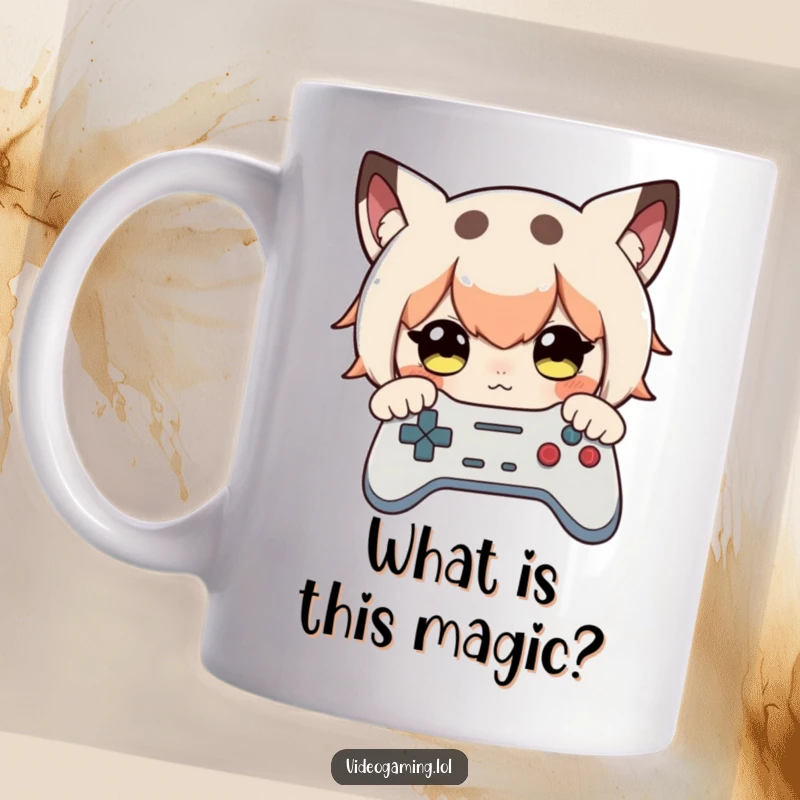 Funny mug showing a curious character peering intently at a video game controller, eyes wide with concentration.