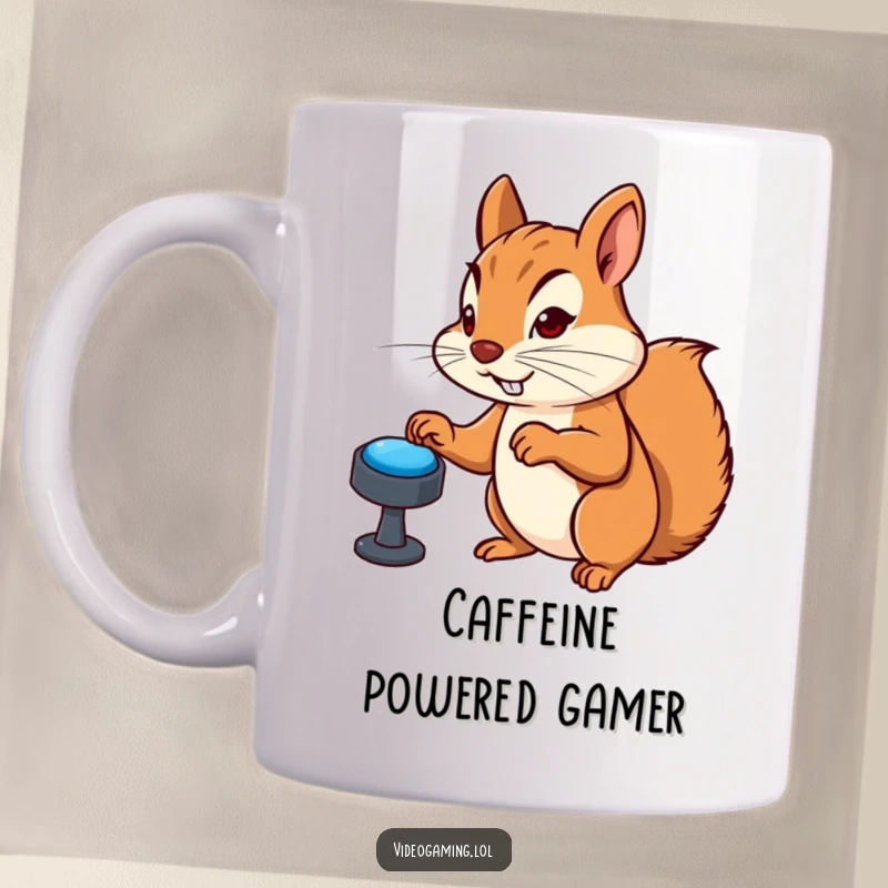 Funny mug showing a determined squirrel furiously mashing virtual buttons, intensely focused on a video game, a cartoon gamer.