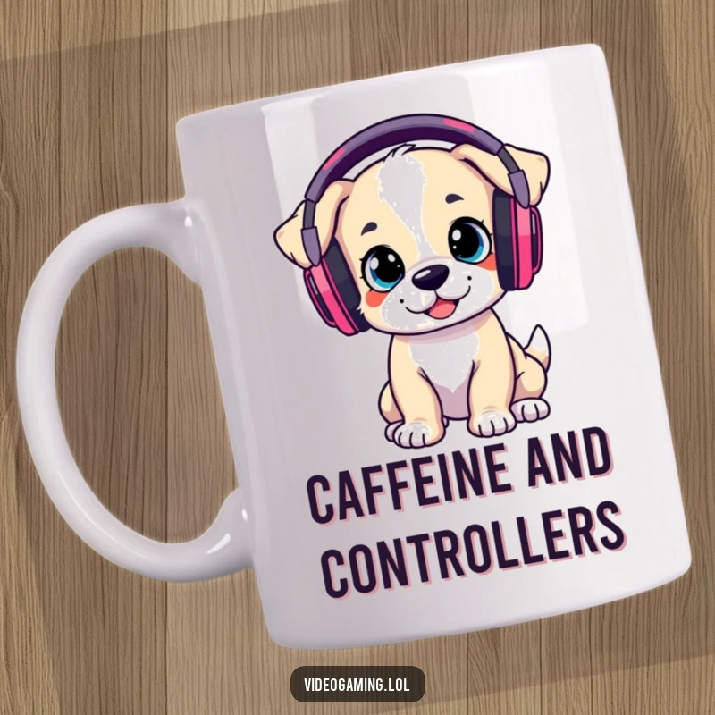 Funny Mug: A playful puppy wears oversized gaming headphones, looking focused and ready for an epic gaming session.