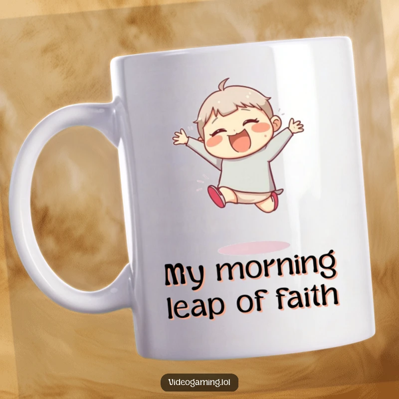 Funny mug showing a giggling character making a big, clumsy jump, radiating pure joy and slight wobbly energy.