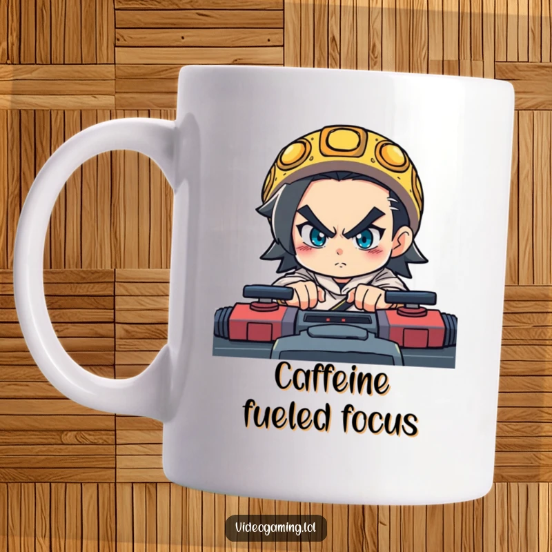 Funny mug showing a determined character intensely focused on a screen during a fast-paced video game.