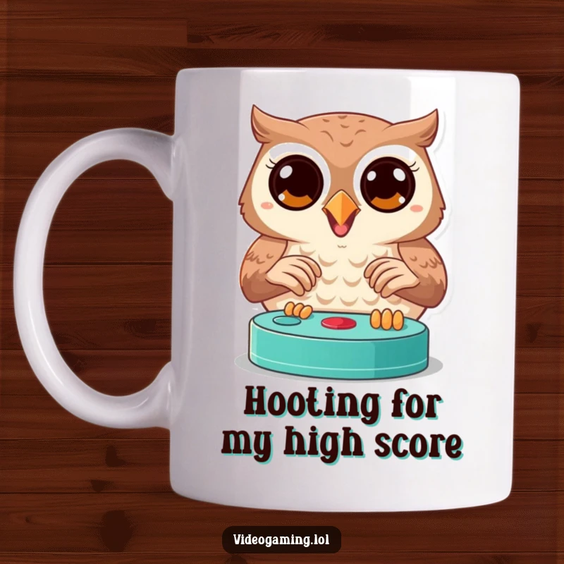 Funny owl mug with wide, focused eyes intensely playing a video game, showcasing gamer dedication and humor.