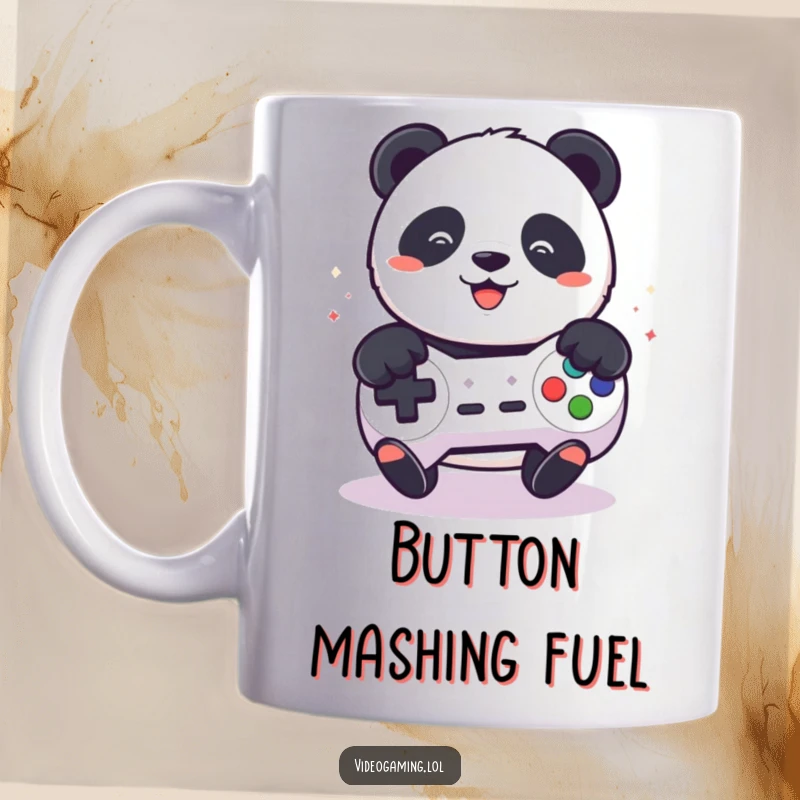 Funny mug depicting a cute, playful panda furiously mashing buttons on a video game controller with intense focus.