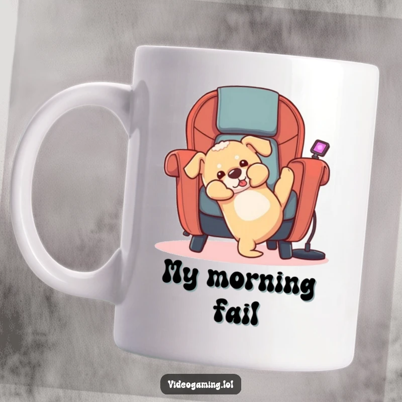 Funny puppy mug showing a clumsy golden retriever falling backward out of a gaming chair with a look of surprised delight.