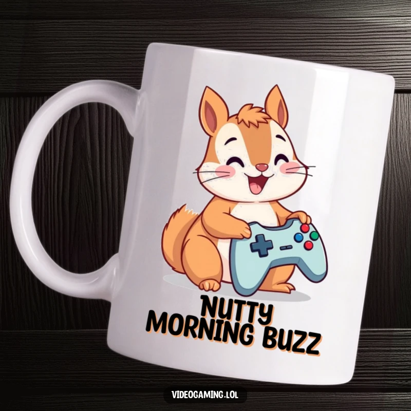 Funny squirrel with wide eyes, furiously mashing controller buttons, a hilarious gamer gift mug.