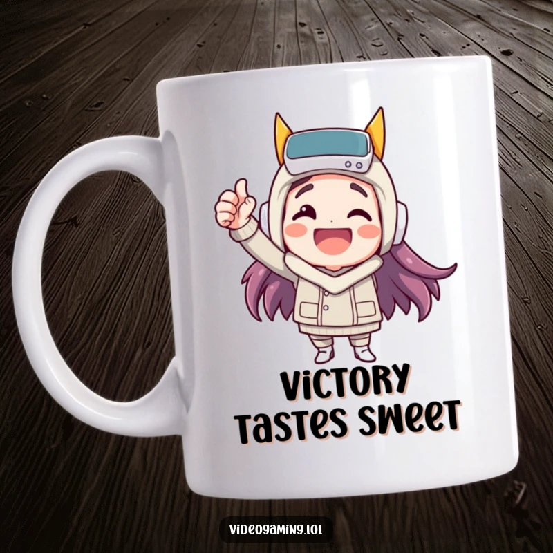 Funny mug showing a happy character celebrating a virtual victory with an excited fist pump, perfect for gamers.