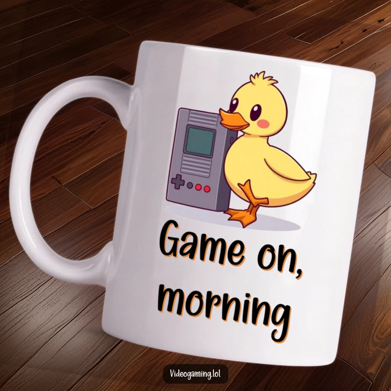 Funny wobbly duck gamer mug, precariously balancing a vintage game cartridge, showcasing its determined yet clumsy effort, perfect for a laugh.