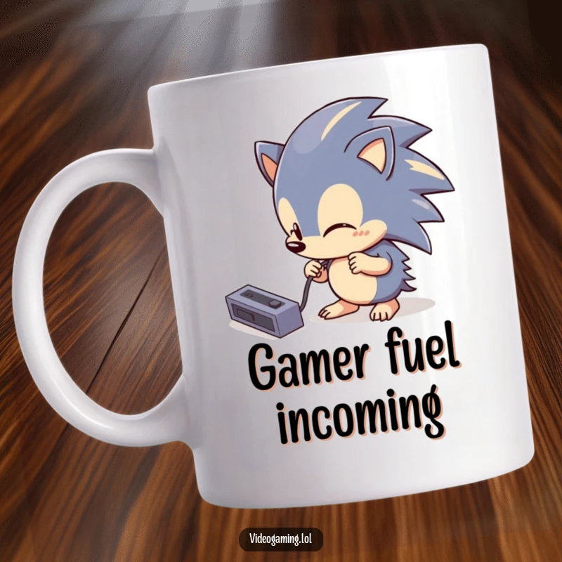 Funny Hedgehog Tech Mug showing a curious hedgehog comically attempting to plug in a console cable, highlighting tech struggles with humor.