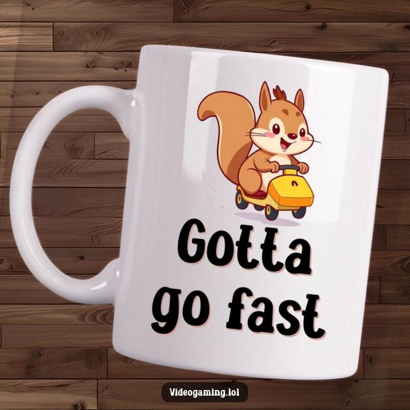 Funny mug featuring an energetic squirrel with determination, racing a small vehicle across a screen.