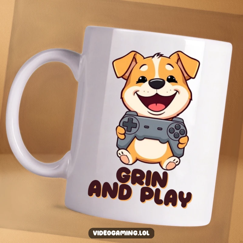 Funny Dog Gaming Mug: A playful dog grins widely while holding a controller, embodying enthusiastic gamer joy.