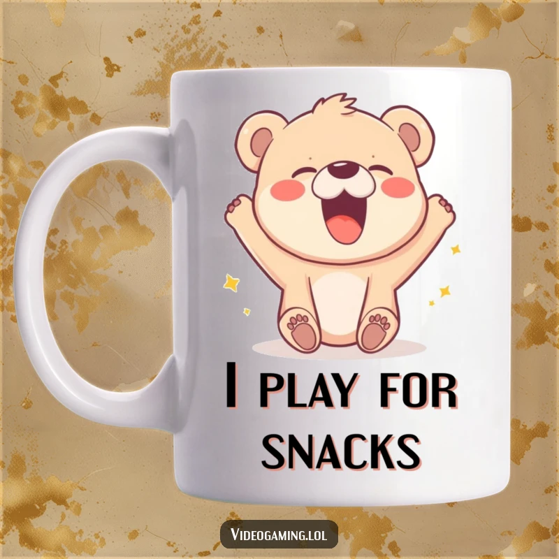 Funny mug with a joyful bear cub laughing heartily at a pixelated character achieving victory on a screen.