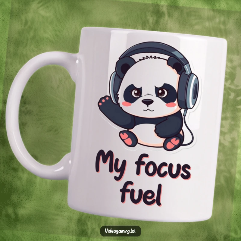 Funny mug depicting a determined panda wearing oversized headphones, intensely focused on its music or task.