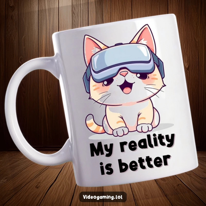 Funny cat mug: A smiling tabby wearing a VR headset, utterly engrossed in a vibrant virtual world. Perfect funny gift.