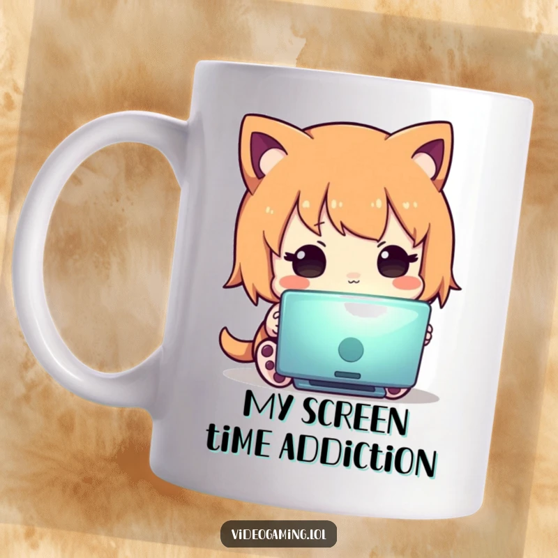 Funny mug showing a curious character mesmerized by a brightly glowing screen, highlighting screen addiction humor for tech enthusiasts.