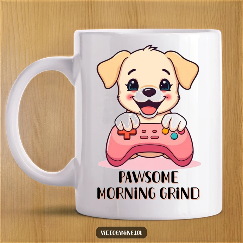 Funny Puppy Gaming Mug: A delighted puppy enthusiastically mashes colorful controller buttons, embodying pure gaming joy.