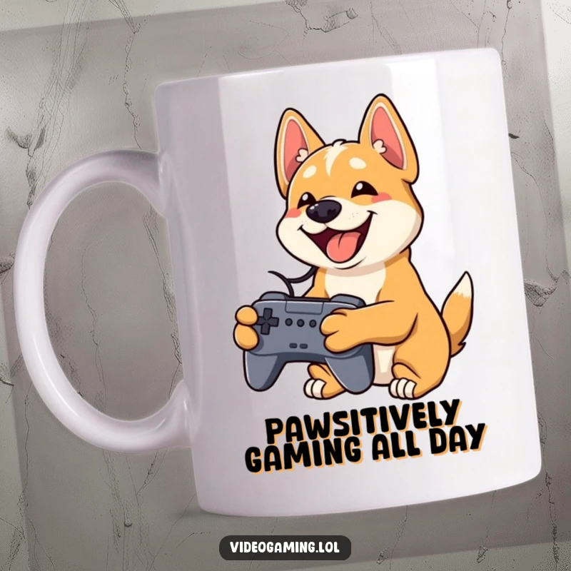 Funny dog mug showing a playful canine grinning widely while holding a video game controller.
