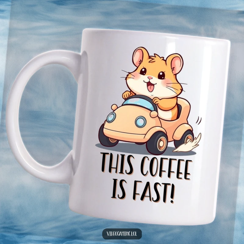 Funny Hamster Racer Mug with a happy hamster determinedly racing a tiny virtual vehicle, showing intense focus and joy.