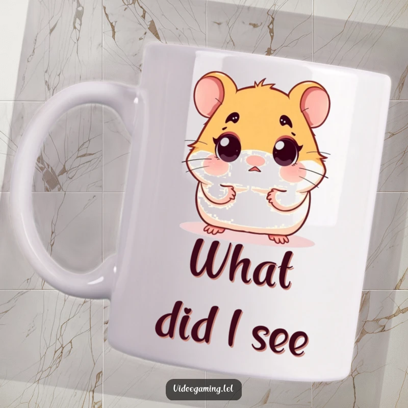 Funny mug featuring a small hamster with comically wide eyes, staring intently at a glowing screen in shock.