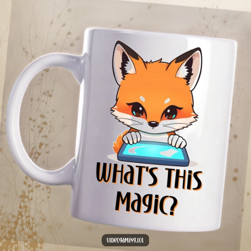 Funny Curious Fox Mug showing a fox peering intensely with wide eyes at a brightly glowing screen, full of fascination.