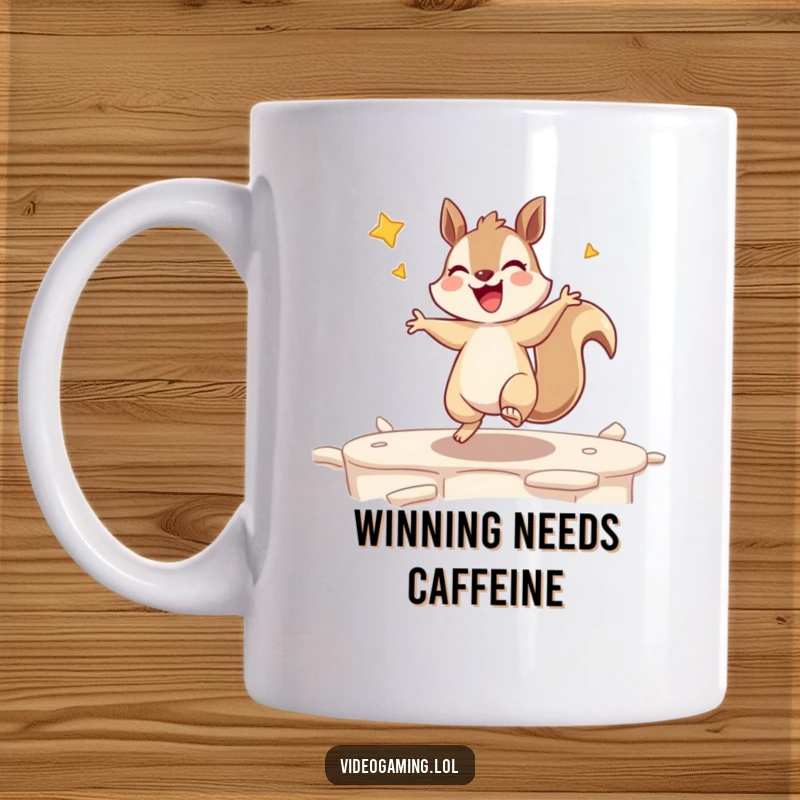 Funny squirrel mug featuring a giggling squirrel doing a happy dance after conquering a video game level, pure gamer joy.