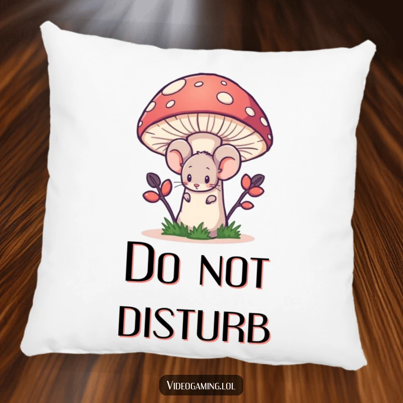 Funny pillow with a shy mouse hiding behind a large pixelated mushroom, offering a cozy and private feel.