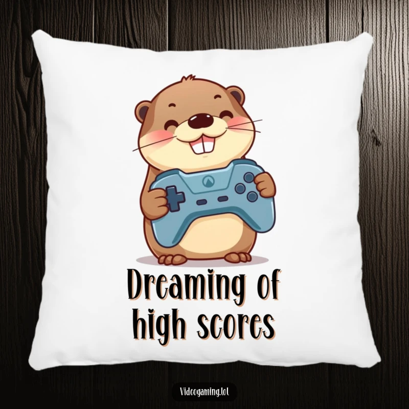 Funny Otter Pillow: A proud otter gamer rests comfortably, holding a controller with a joyful, wide grin.