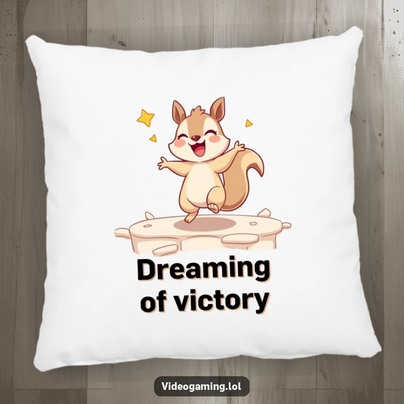 Funny pillow featuring a giggling squirrel doing a victory dance after winning a game level, cozy gamer decor.