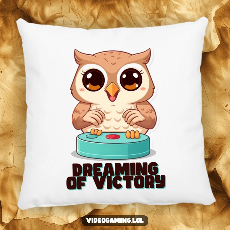 Funny owl pillow with a joyful bird showing wide, focused eyes playing a video game, comfortable gamer cushion.