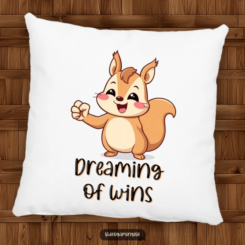 Funny Squirrel Pillow: A cheerful squirrel pumps its fist in victory, offering soft comfort and triumphant vibes.
