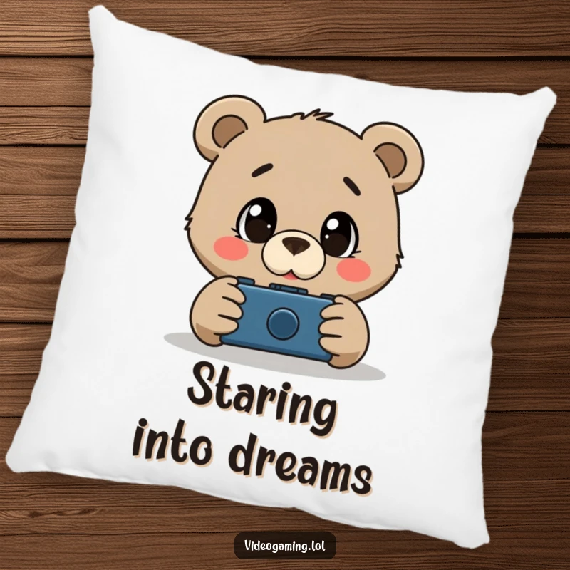 Funny pillow featuring a curious bear with wide, amazed eyes captivated by a video game, adding comfort and humor.