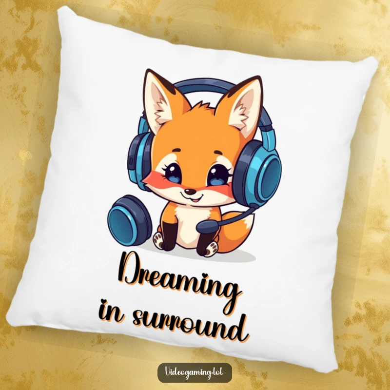 Funny decorative pillow with a curious fox smiling at a gaming headset, adding humorous gamer comfort and style.