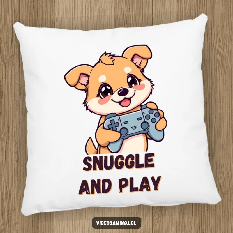 Funny pillow featuring a happy dog holding a game controller, eyes glued to a screen, perfect for gamer comfort.