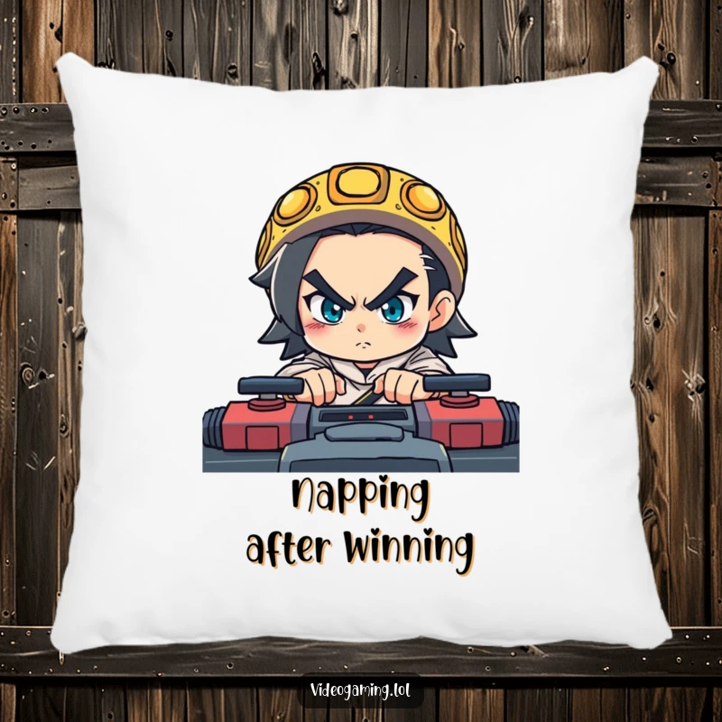 Funny pillow depicting a determined character intensely focused on a fast-paced game, ideal for gamer relaxation.