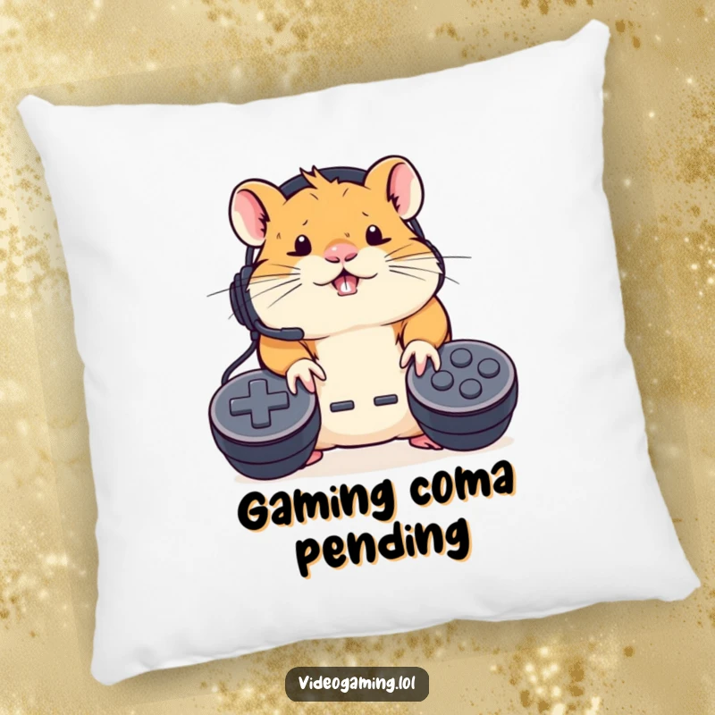 Funny Hamster Gamer Pillow: A determined hamster wearing a headset furiously mashes controller buttons, providing cozy support.